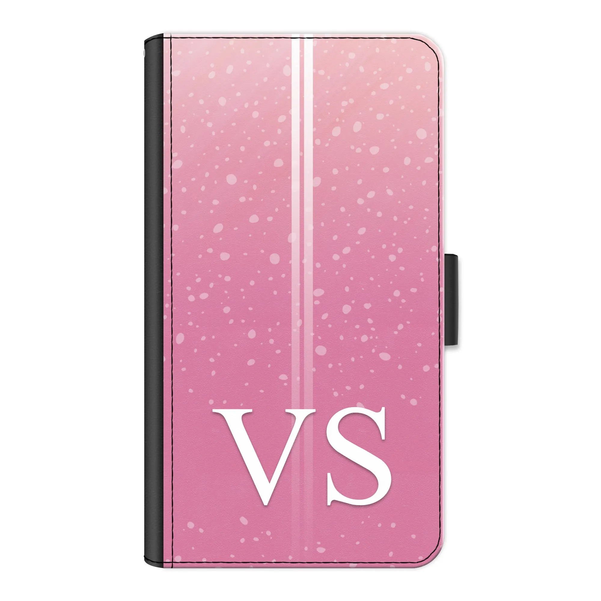Personalised OnePlus Phone Leather Wallet with White Initials, Pin Stripes and Droplets on Pink