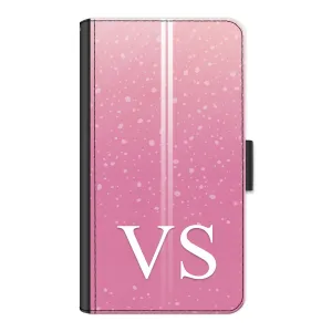 Personalised OnePlus Phone Leather Wallet with White Initials, Pin Stripes and Droplets on Pink
