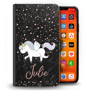 Personalised OnePlus Phone Leather Wallet with Winged Unicorn and Pink Text on Black Marble