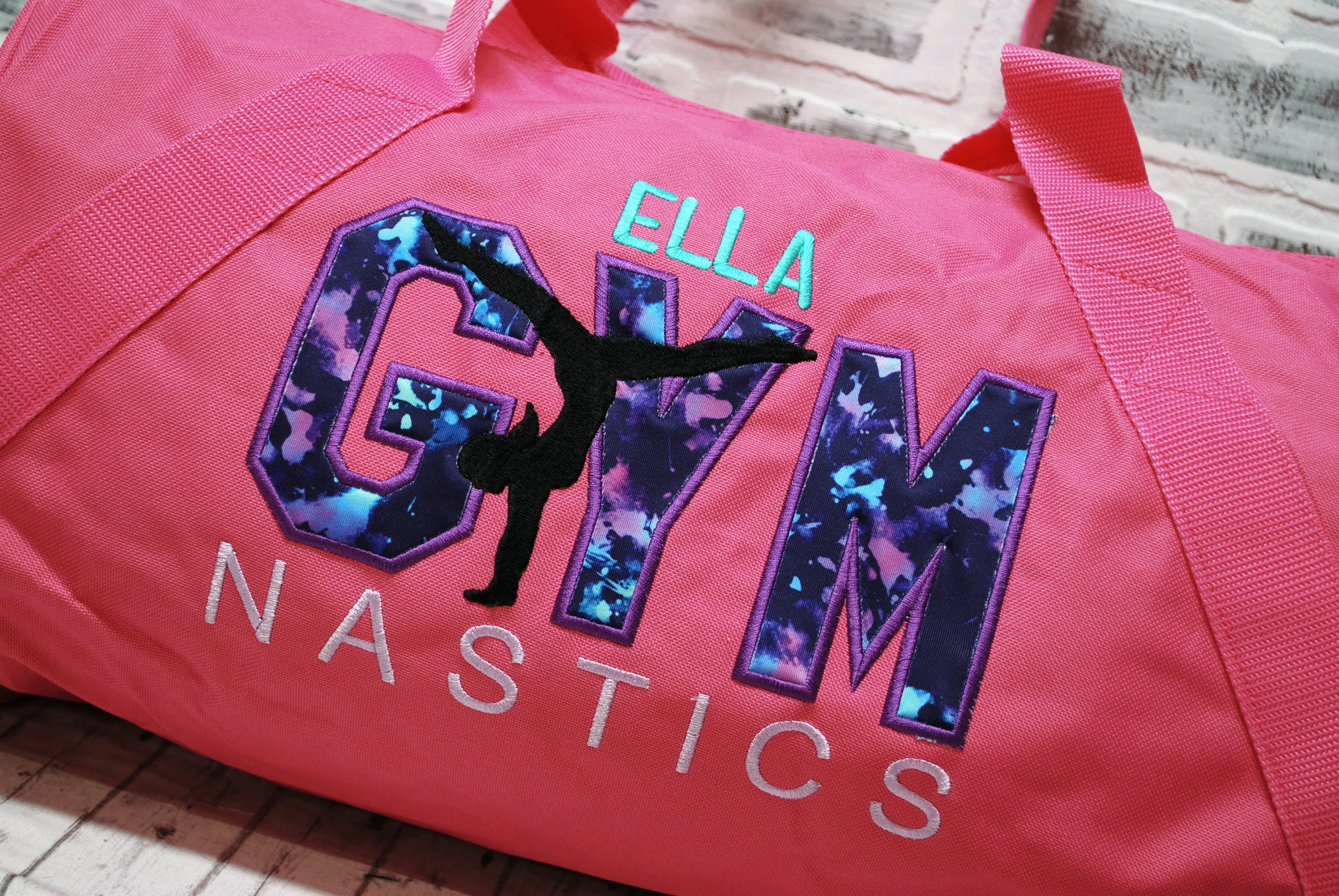 Pink Purple Teal Splatter Print Personalized Gymnastics Duffle or Tote Bag