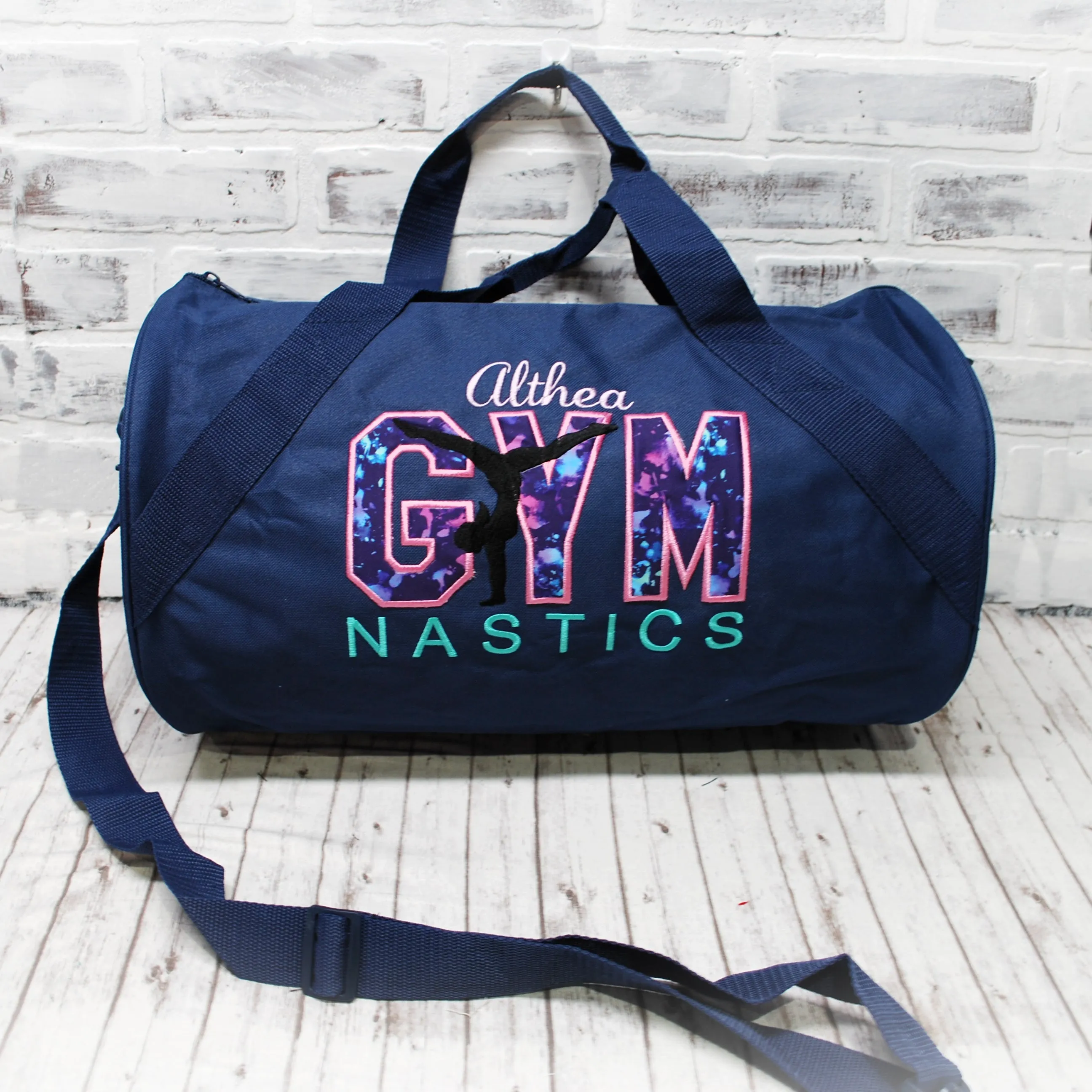 Pink Purple Teal Splatter Print Personalized Gymnastics Duffle or Tote Bag