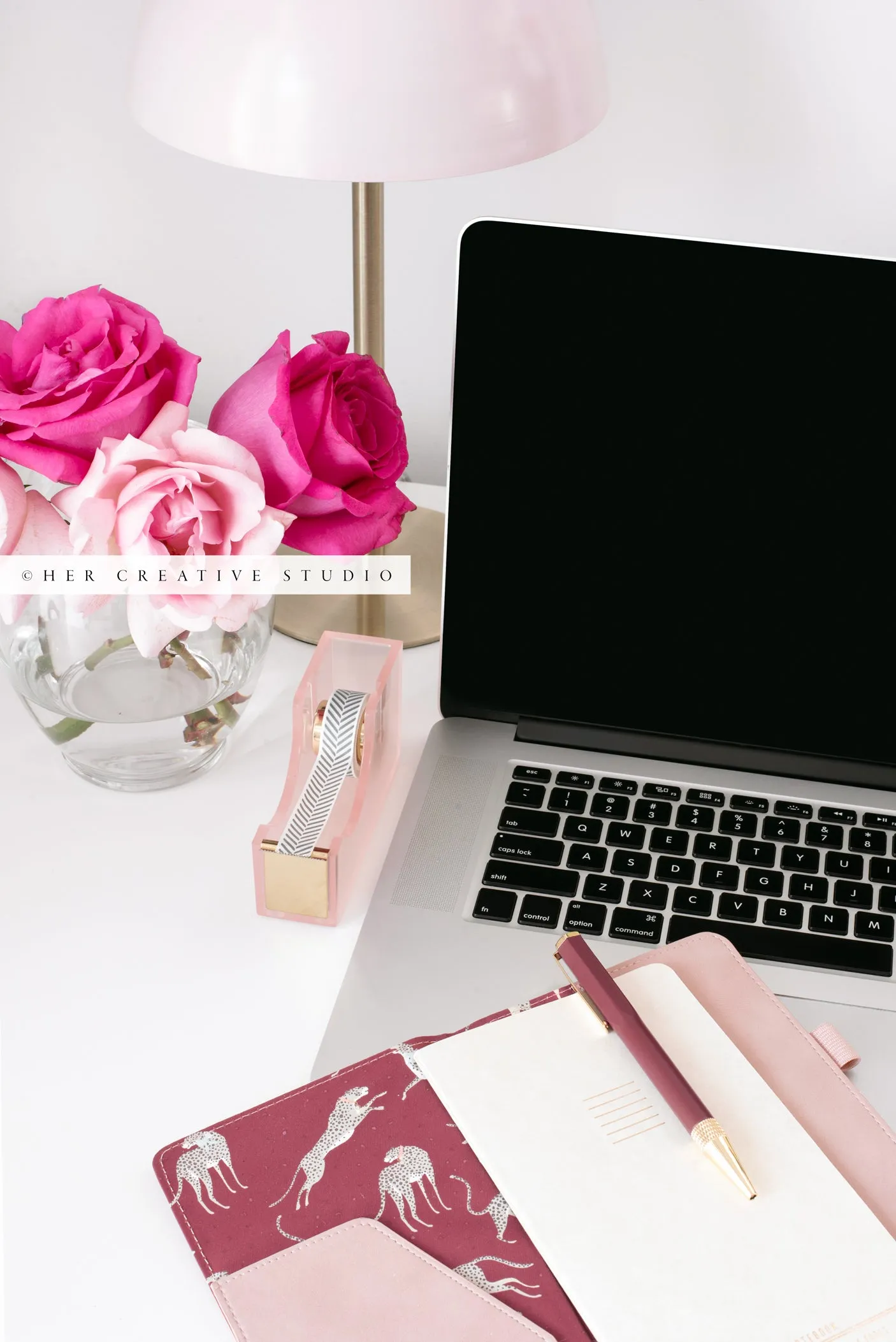 Pink Roses, Laptop and Notebook. Stock Photo