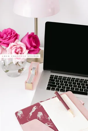 Pink Roses, Laptop and Notebook. Stock Photo