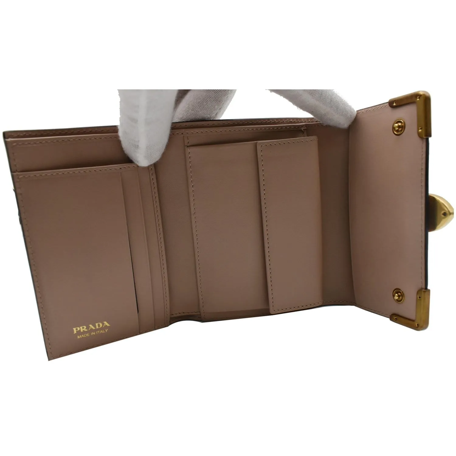 PRADA Cahier Saffiano French Compact Flap Wallet Beige