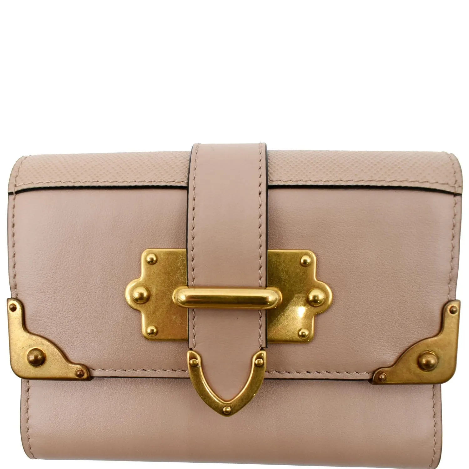 PRADA Cahier Saffiano French Compact Flap Wallet Beige