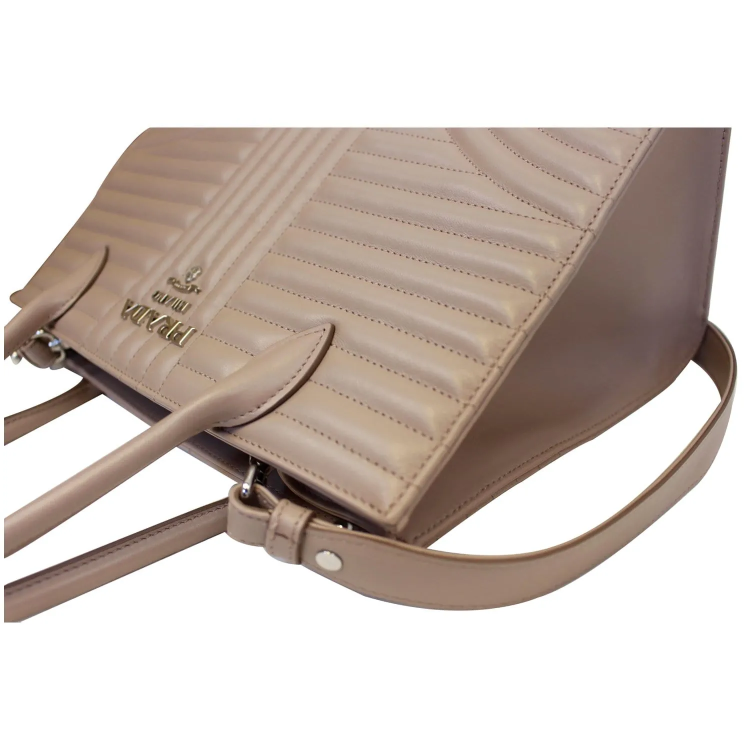 PRADA Diagramme Leather Tote Shoulder Bag Nude