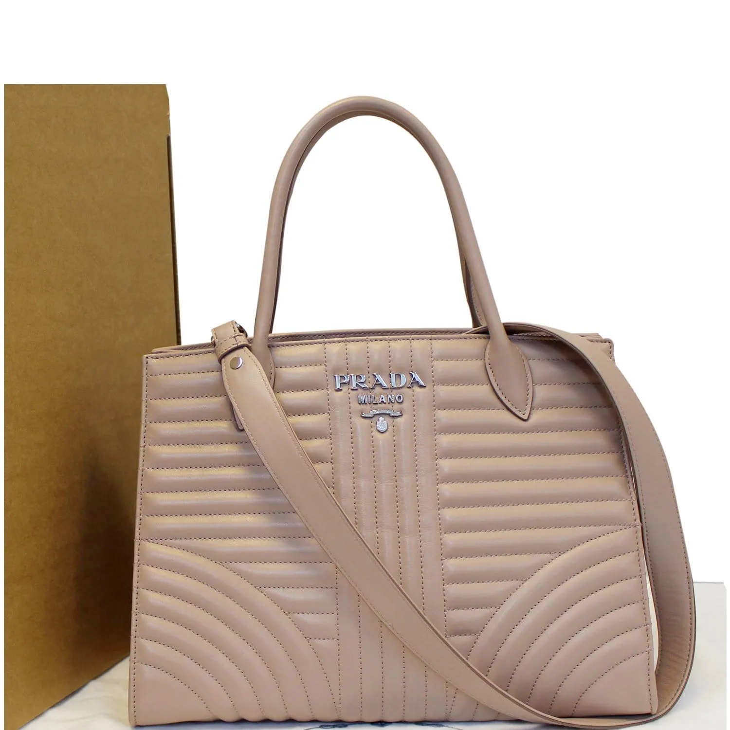 PRADA Diagramme Leather Tote Shoulder Bag Nude