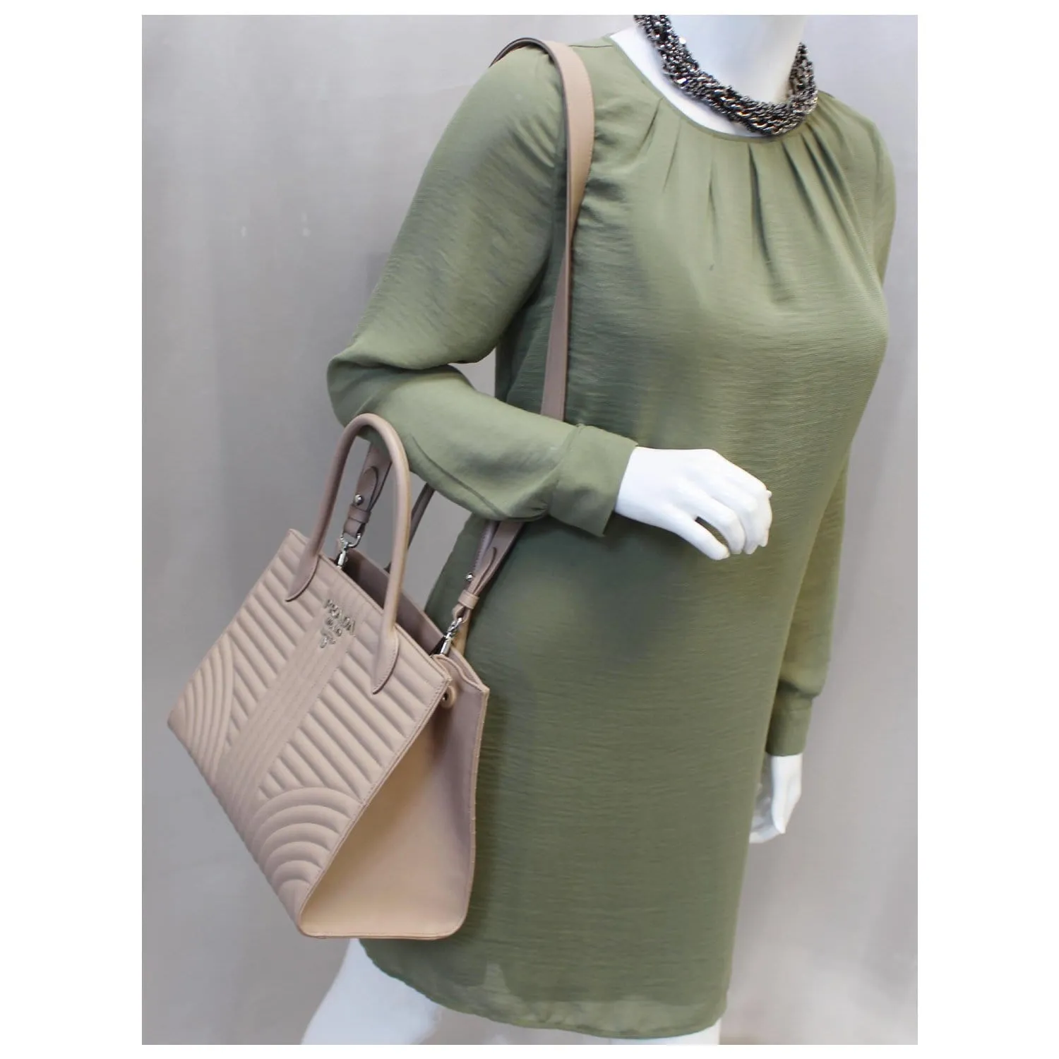 PRADA Diagramme Leather Tote Shoulder Bag Nude