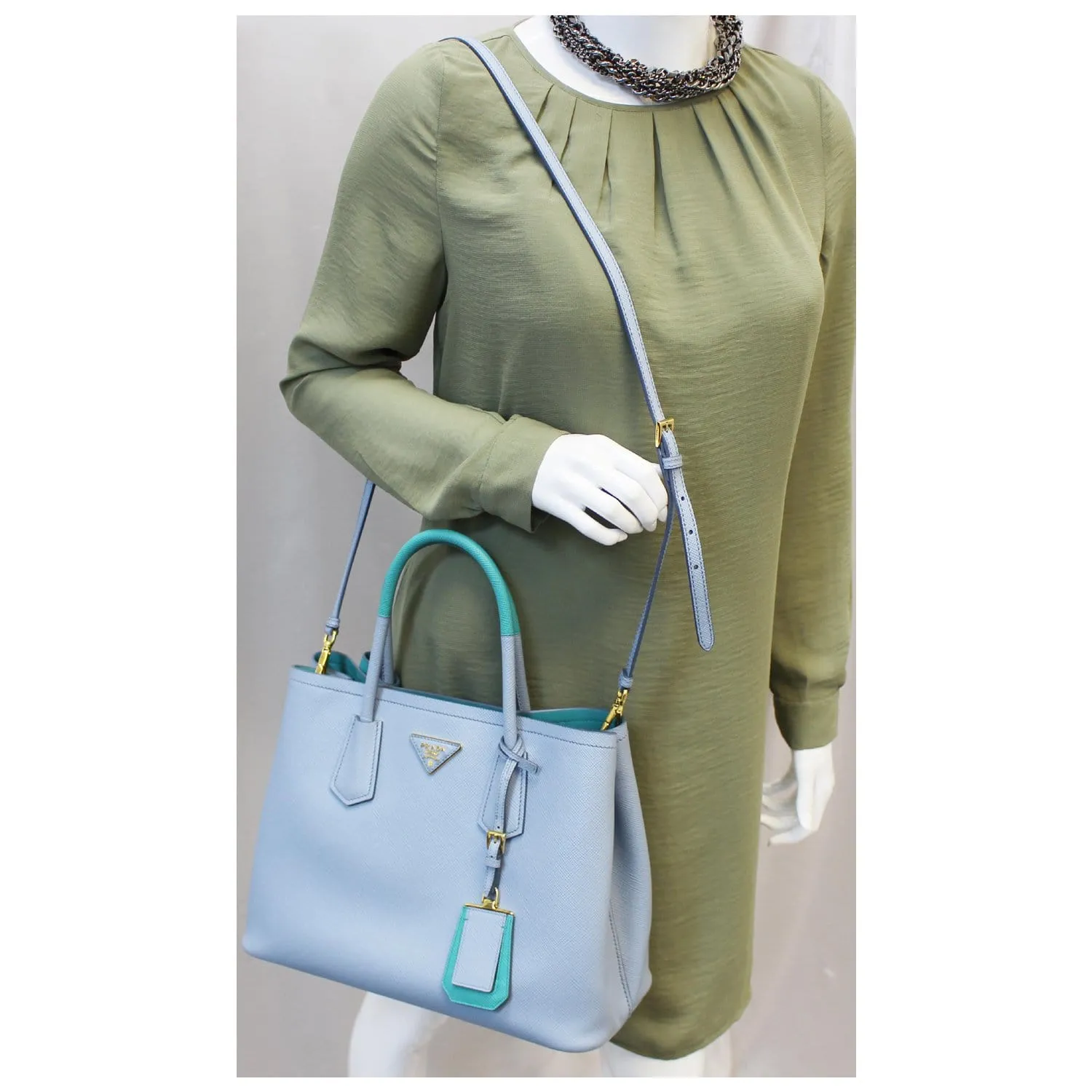 PRADA Lux Saffiano Leather Tote Shoulder Bag Blue