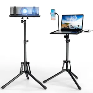Projector Stand Laptop Tripod Stand, Portable Stand Adjustable Height 20 to 60 Inch, Projector Stand with Gooseneck Phone Holder ＆ Mouse Tray, Laptop Floor Stand for Podium, Home, Studio, DJ Racks