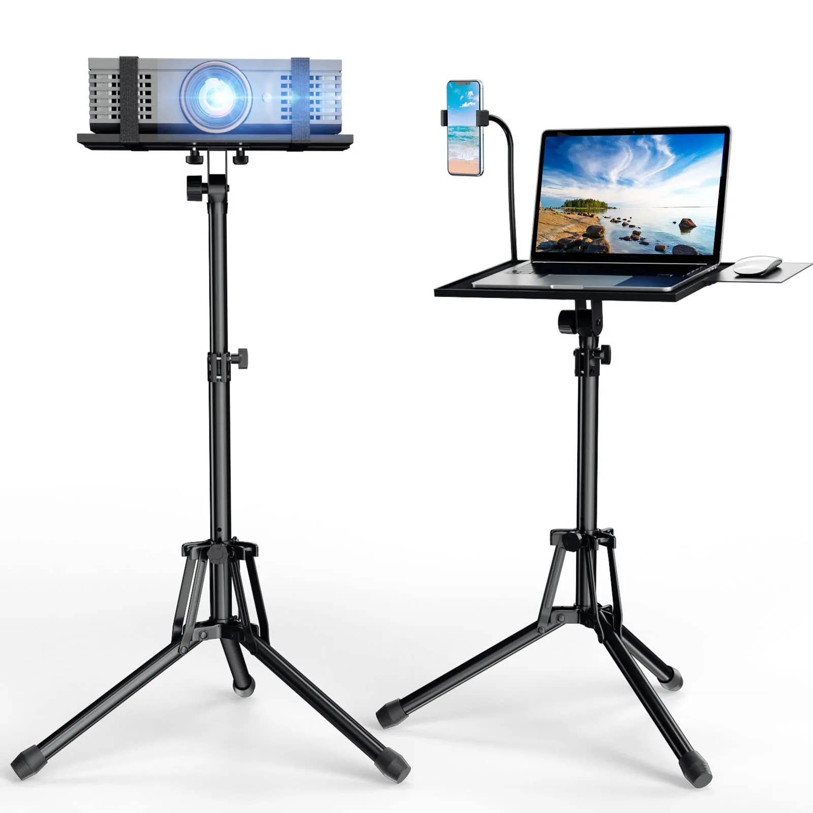 Projector Stand Laptop Tripod Stand, Portable Stand Adjustable Height 20 to 60 Inch, Projector Stand with Gooseneck Phone Holder ＆ Mouse Tray, Laptop Floor Stand for Podium, Home, Studio, DJ Racks