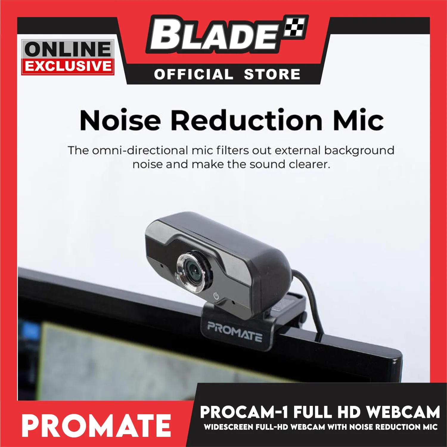 Promate Webcam Full-HD Widescreen with Noise-Reduction Mic ProCam-1 (Black)