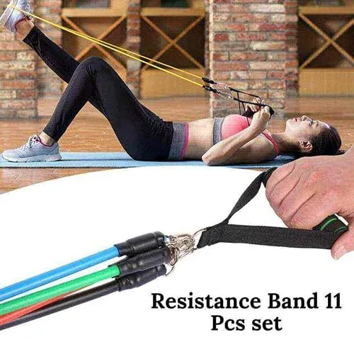Qsfi 11 Piece Gym Resistance Band for Workout, Resistance Band for Exercise, Resistance Band for Pull ups, Triceps, Legs, Rubber Resistance Band Tube with Door Anchor and Hook (Blue rw)