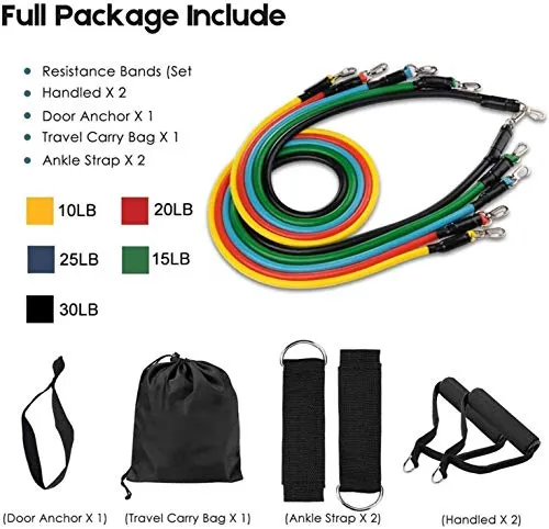Qsfi 11 Piece Gym Resistance Band for Workout, Resistance Band for Exercise, Resistance Band for Pull ups, Triceps, Legs, Rubber Resistance Band Tube with Door Anchor and Hook (Blue rw)