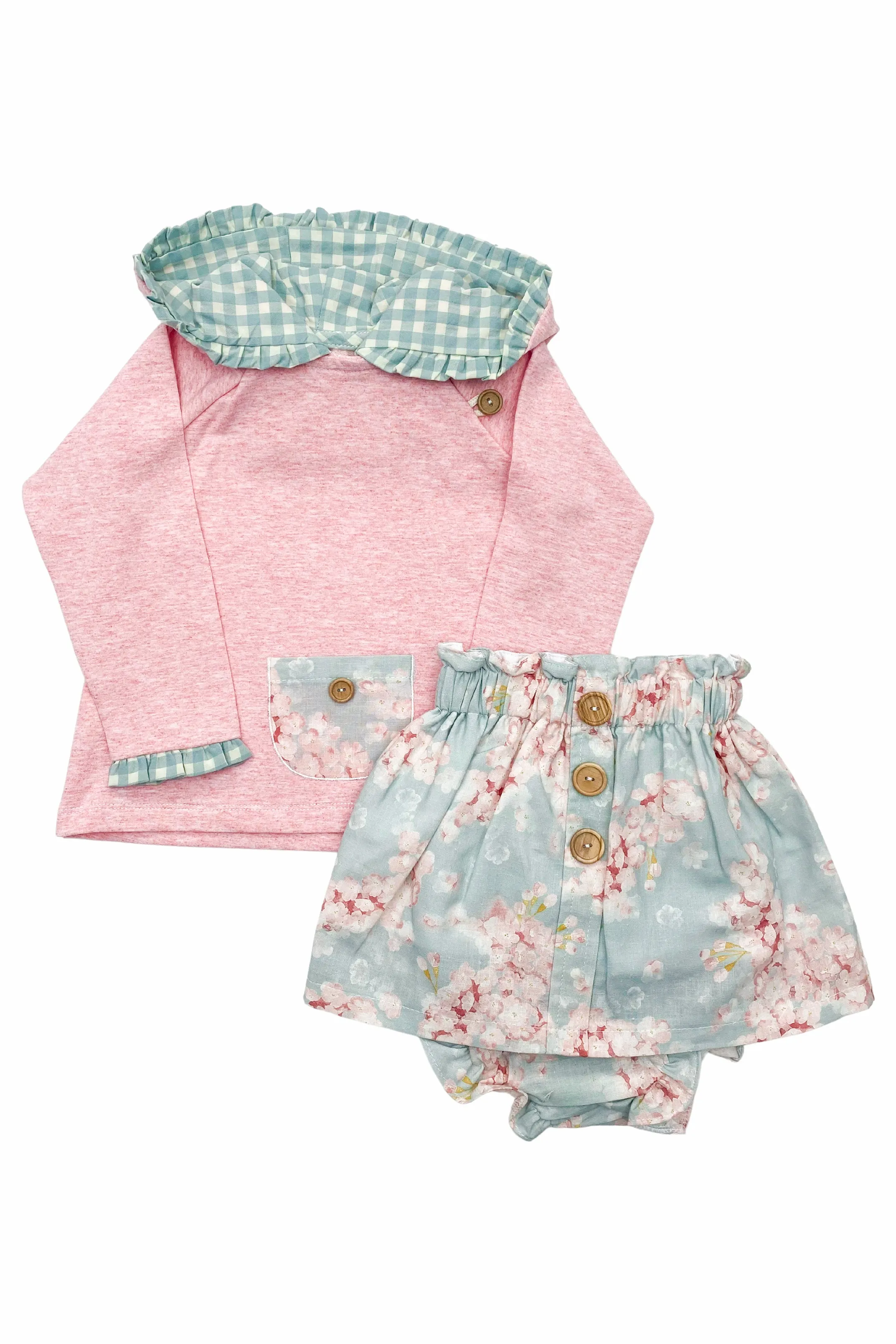 "Genevieve" Pink Hoodie & Duck Egg Floral Skirt & Bloomers