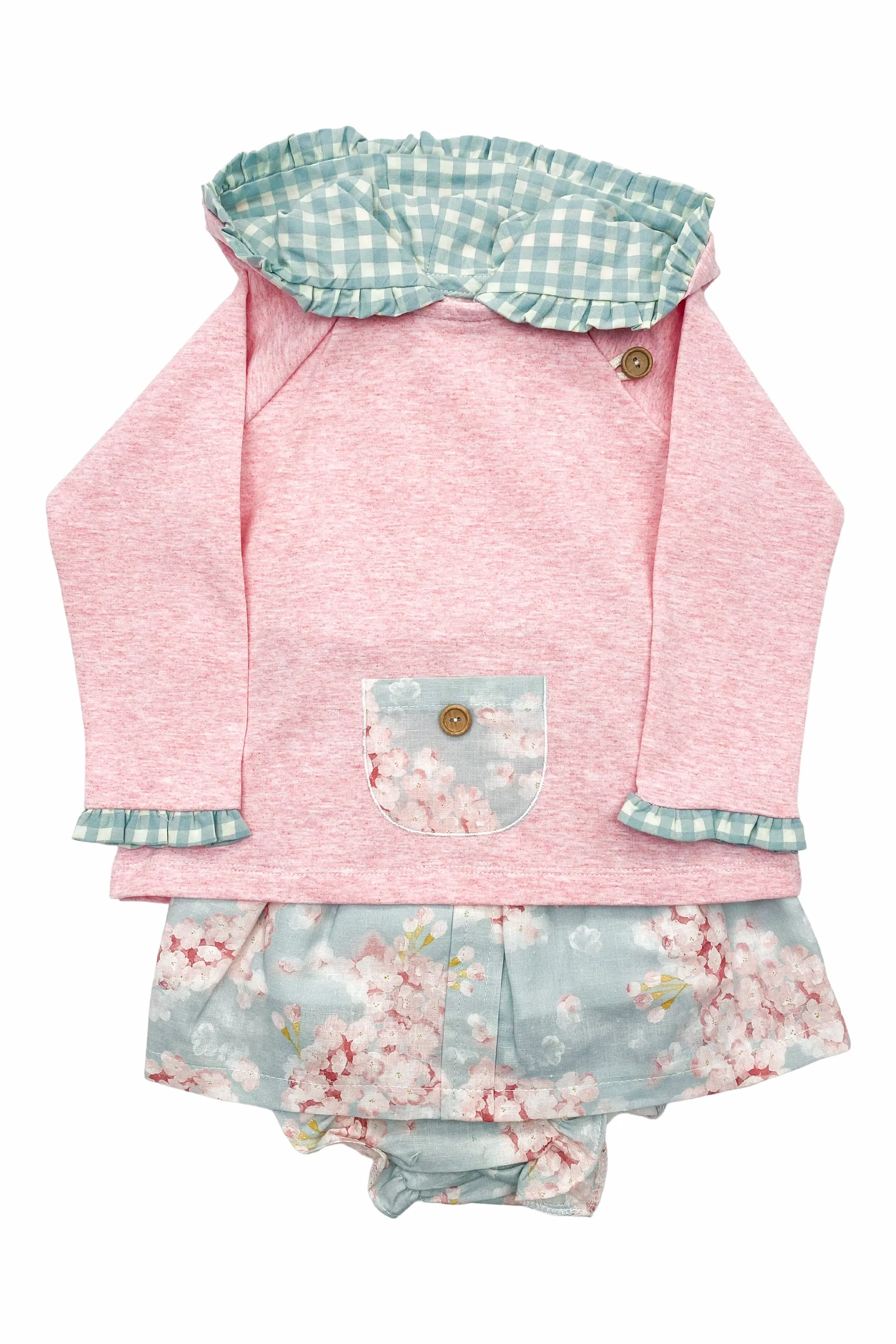 "Genevieve" Pink Hoodie & Duck Egg Floral Skirt & Bloomers