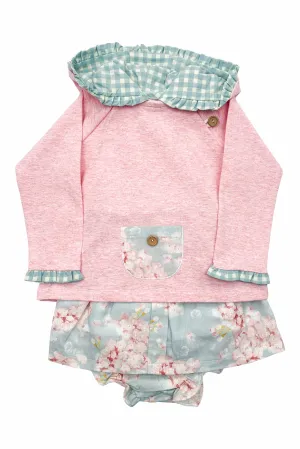 "Genevieve" Pink Hoodie & Duck Egg Floral Skirt & Bloomers