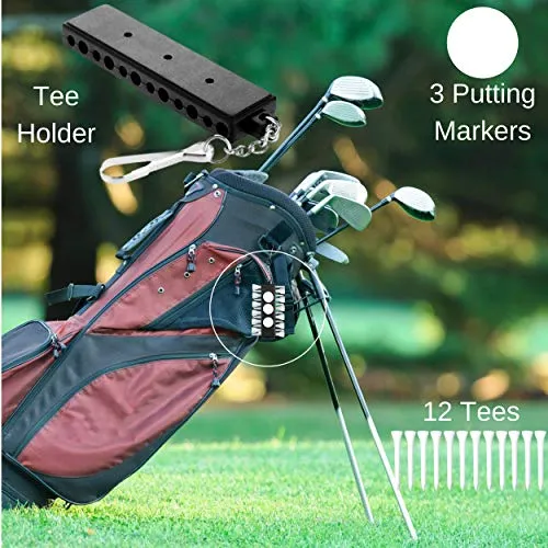 RE Goods Golf Accessories 6 in 1 Value Pack - Towel, Ball Holder, Golf Club Brush w/Groove Cleaner, Divot Repair Tool, Ball Stencil, Tee Holder, Putting Markers | Gift Set (Golf Balls Not Included)