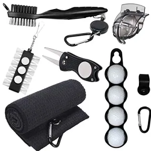 RE Goods Golf Accessories 6 in 1 Value Pack - Towel, Ball Holder, Golf Club Brush w/Groove Cleaner, Divot Repair Tool, Ball Stencil, Tee Holder, Putting Markers | Gift Set (Golf Balls Not Included)