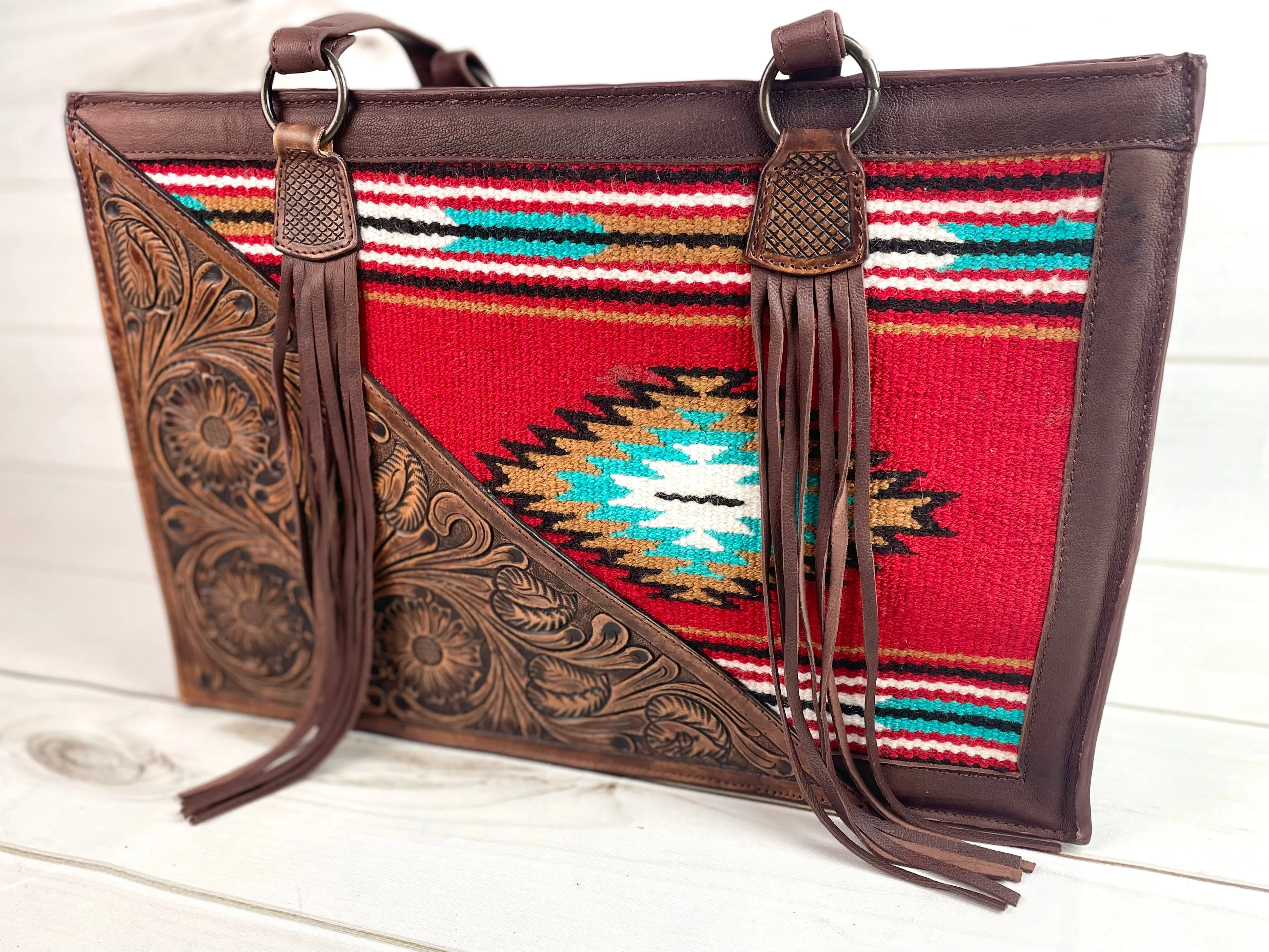 Red & Turquoise Wool with Tooled Leather Swatch Large Tote Bag