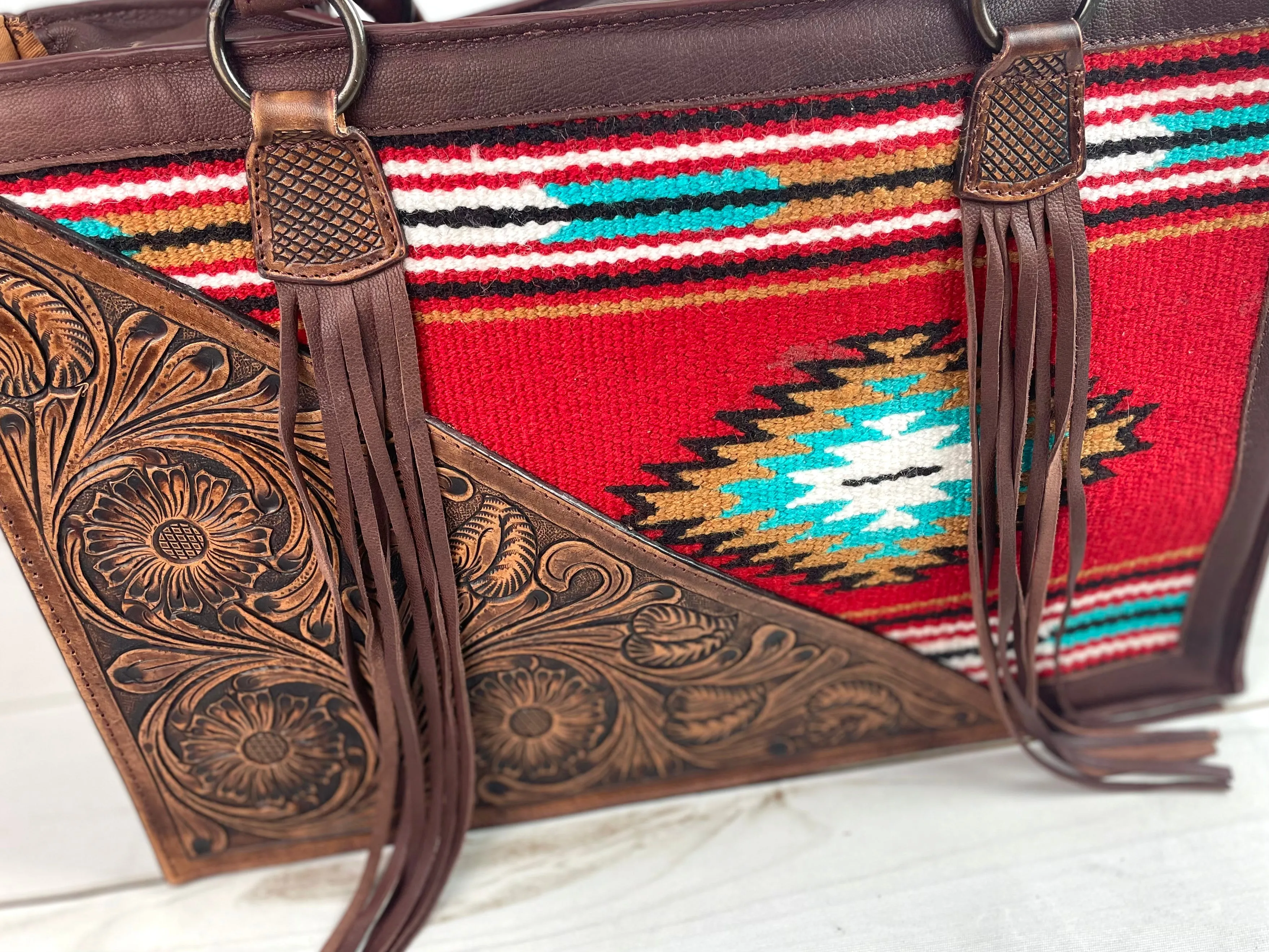 Red & Turquoise Wool with Tooled Leather Swatch Large Tote Bag
