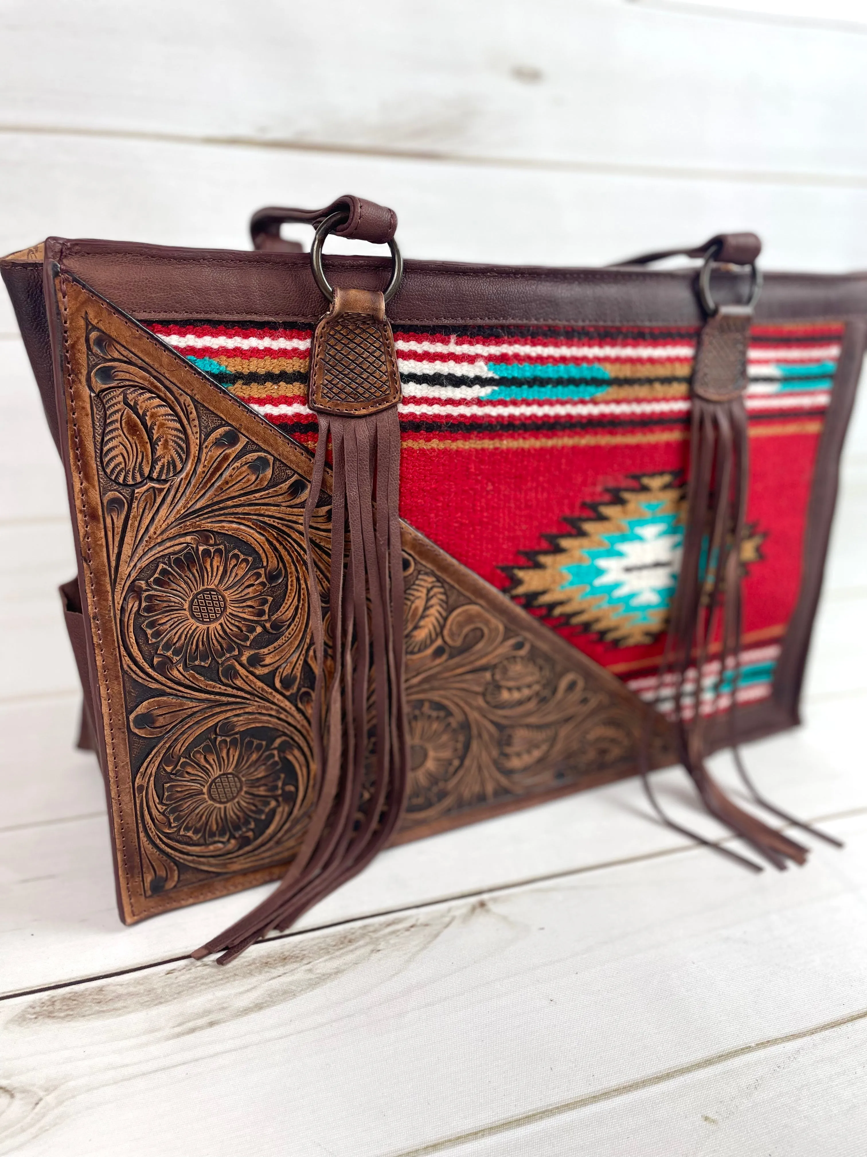 Red & Turquoise Wool with Tooled Leather Swatch Large Tote Bag