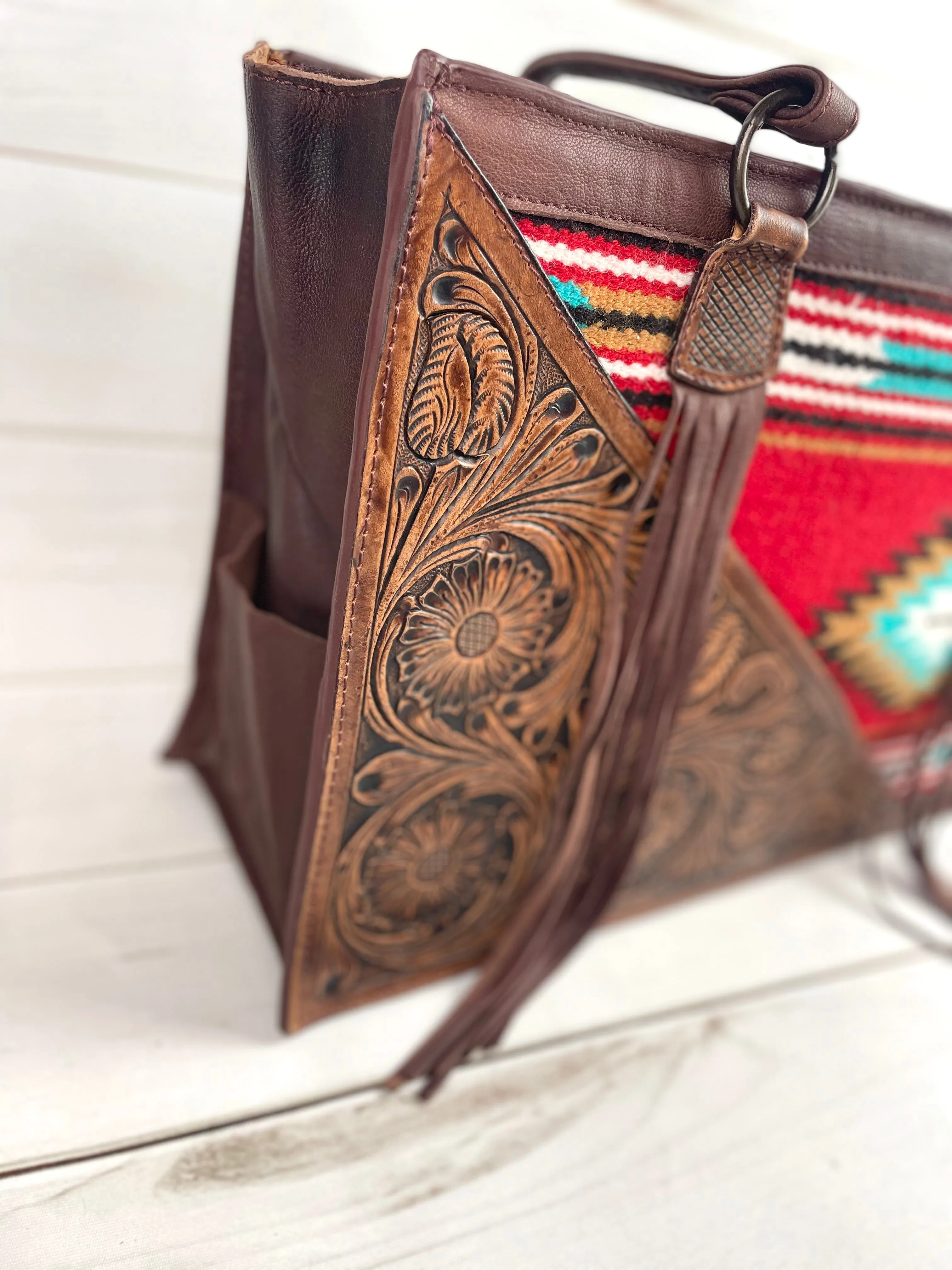 Red & Turquoise Wool with Tooled Leather Swatch Large Tote Bag