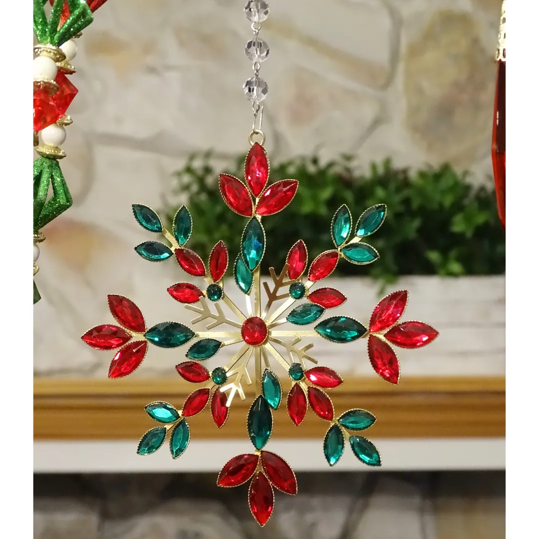 RED GREEN JEWELED METAL SNOWFLAKE (Set/1) or (Set/3) MAGNETIC CHANDELIER ACCESSORY