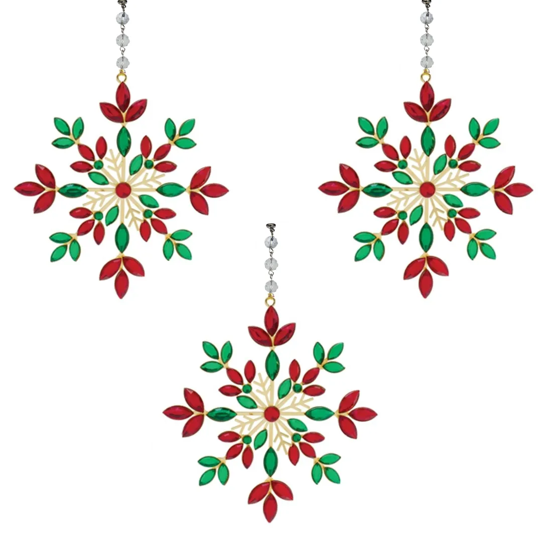 RED GREEN JEWELED METAL SNOWFLAKE (Set/1) or (Set/3) MAGNETIC CHANDELIER ACCESSORY