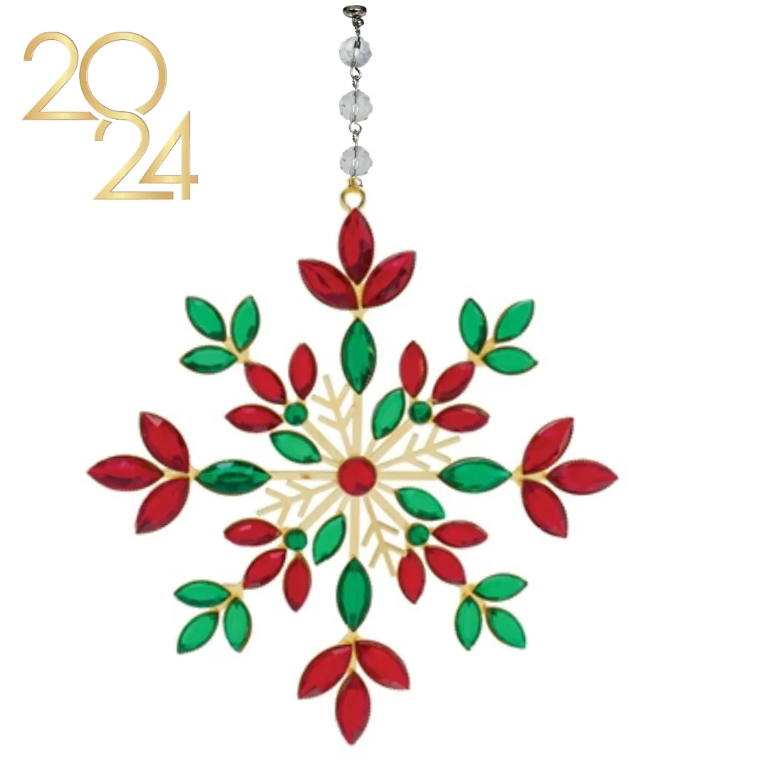 RED GREEN JEWELED METAL SNOWFLAKE (Set/1) or (Set/3) MAGNETIC CHANDELIER ACCESSORY
