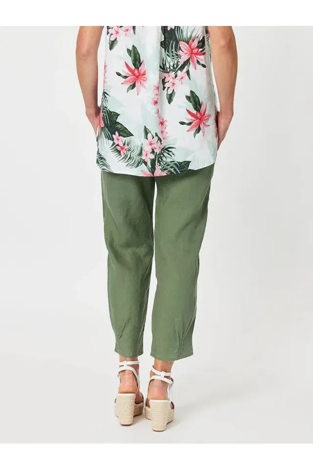 Ribbed Waist Linen Pant Khaki