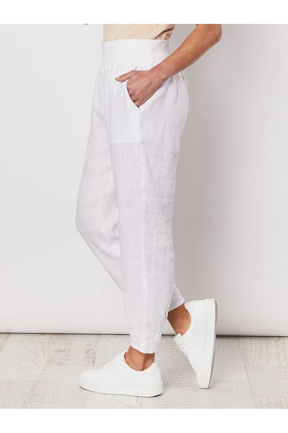 Ribbed Waist Linen Pant White