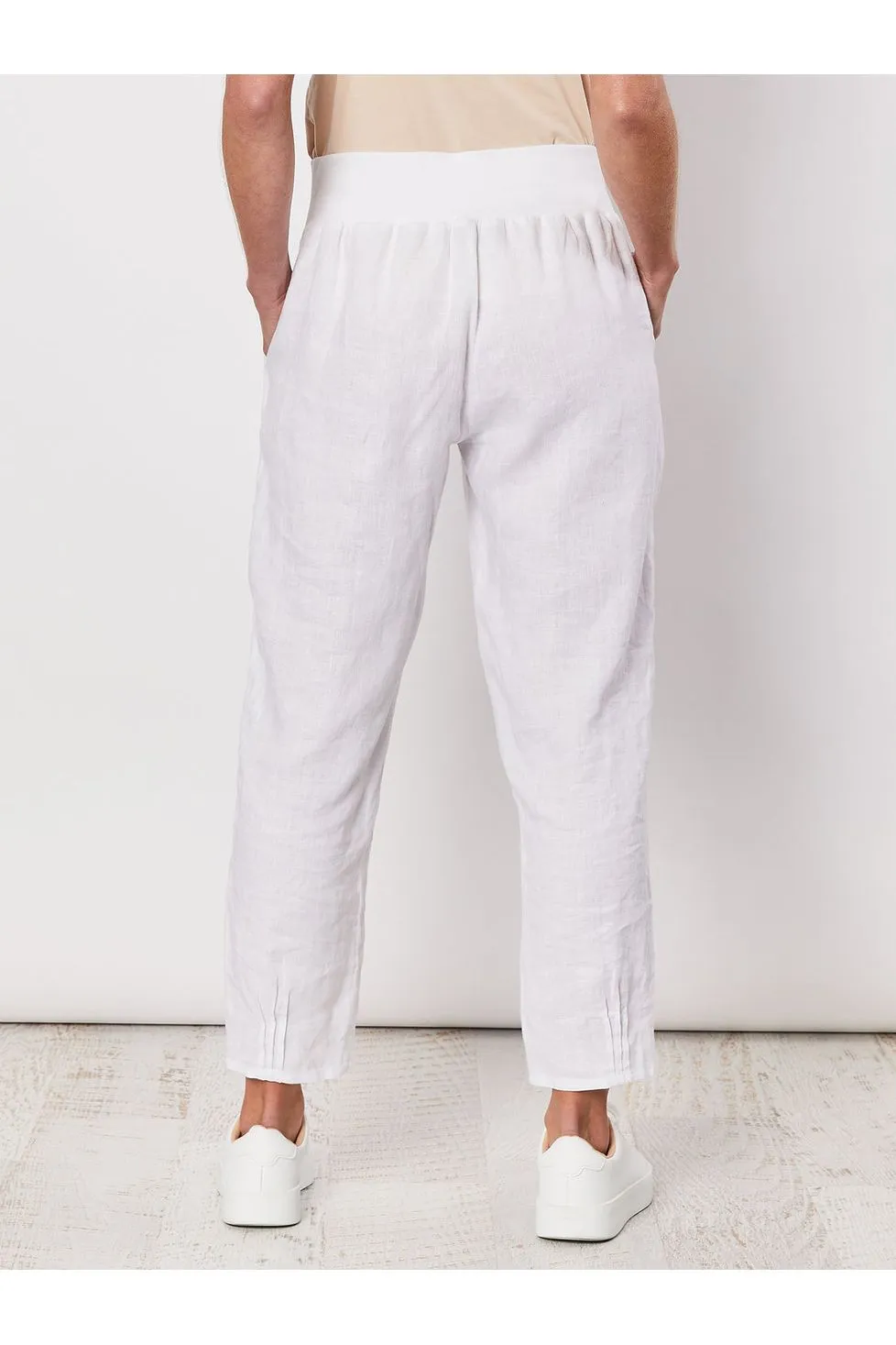 Ribbed Waist Linen Pant White