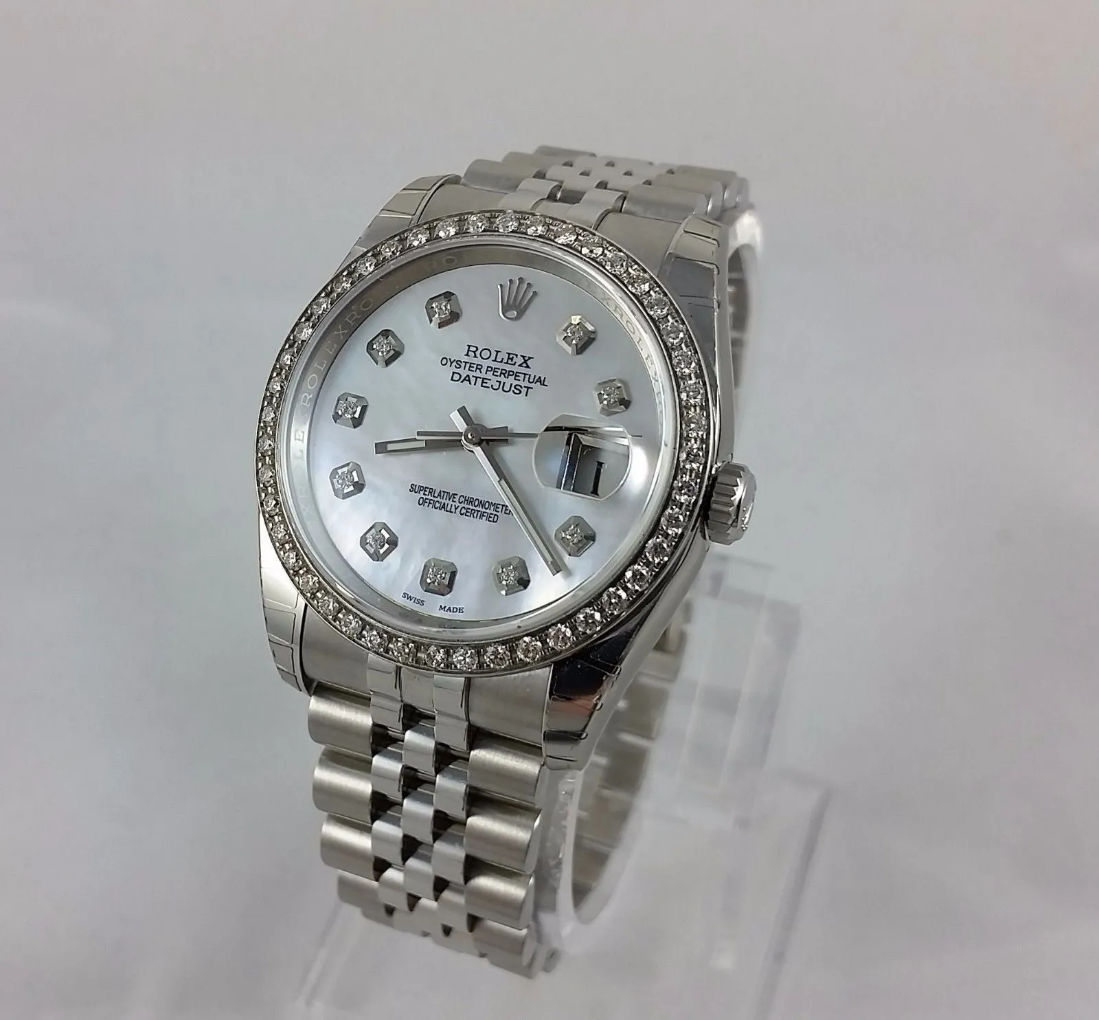 Rolex Stainless Steel 36mm Datejust 116200 Custom Diamond Bezel & White Mother-O