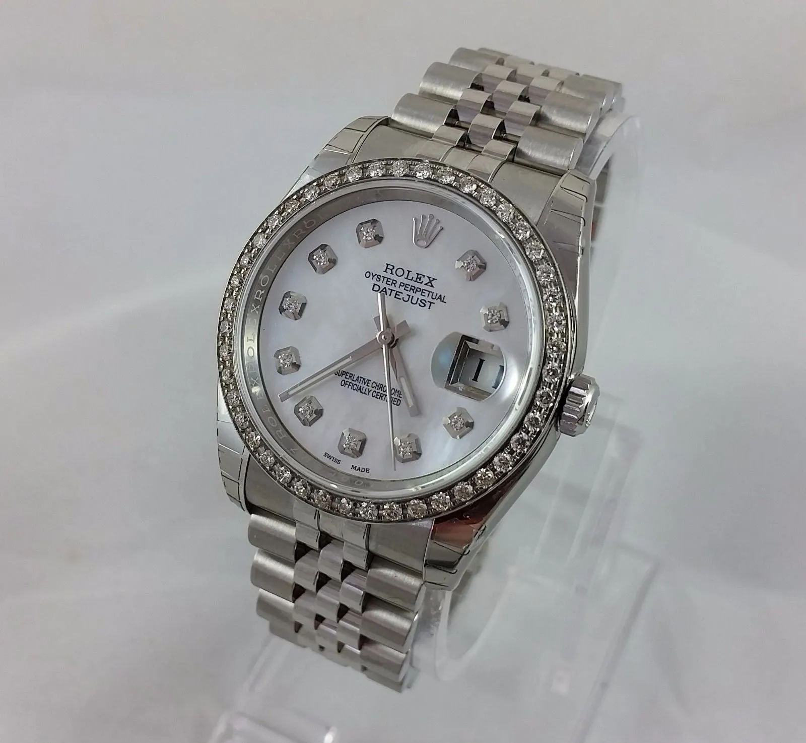 Rolex Stainless Steel 36mm Datejust 116200 Custom Diamond Bezel & White Mother-O
