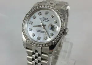 Rolex Stainless Steel 36mm Datejust 116200 Custom Diamond Bezel & White Mother-O