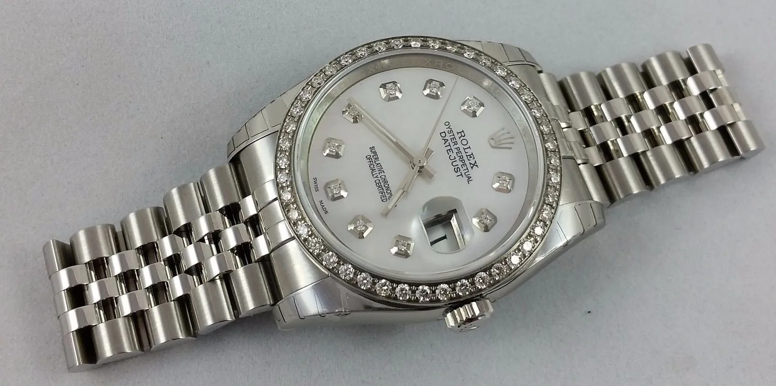 Rolex Stainless Steel 36mm Datejust 116200 Custom Diamond Bezel & White Mother-O