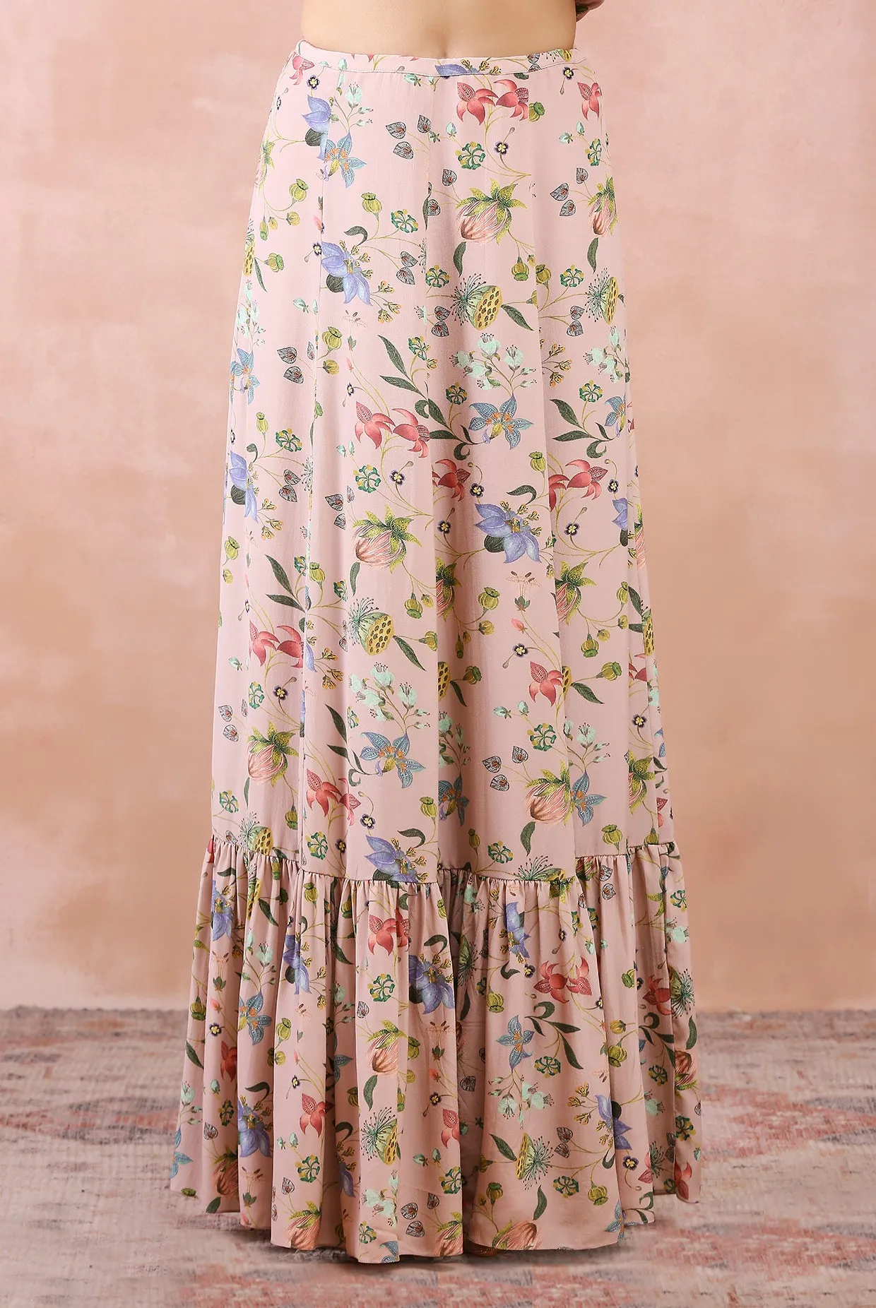 ROSE PINK NARGIS PRINT EMBROIDERED BALLOON TOP WITH FRILL SKIRT