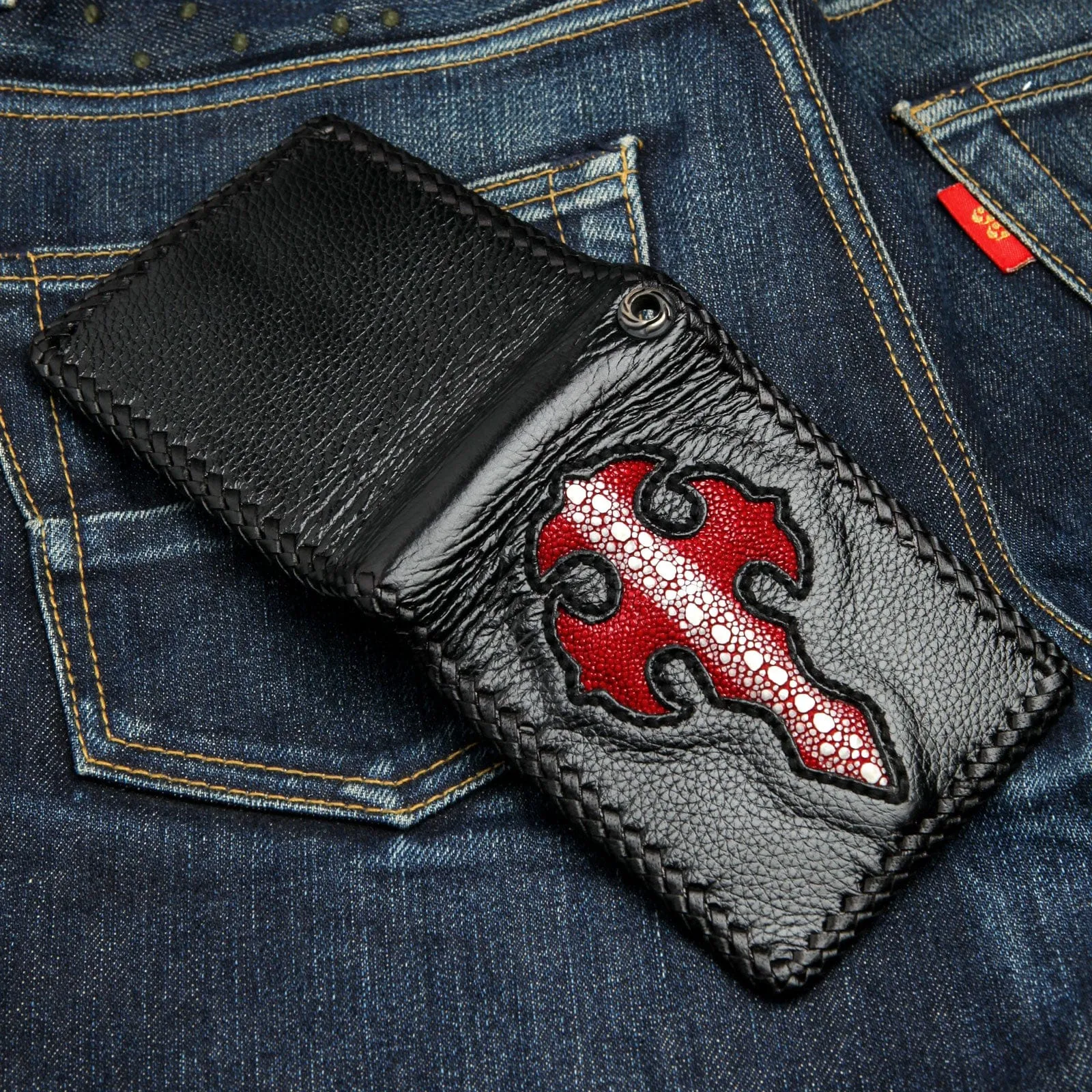 Row Red Cross Stingray Leather Biker Wallet