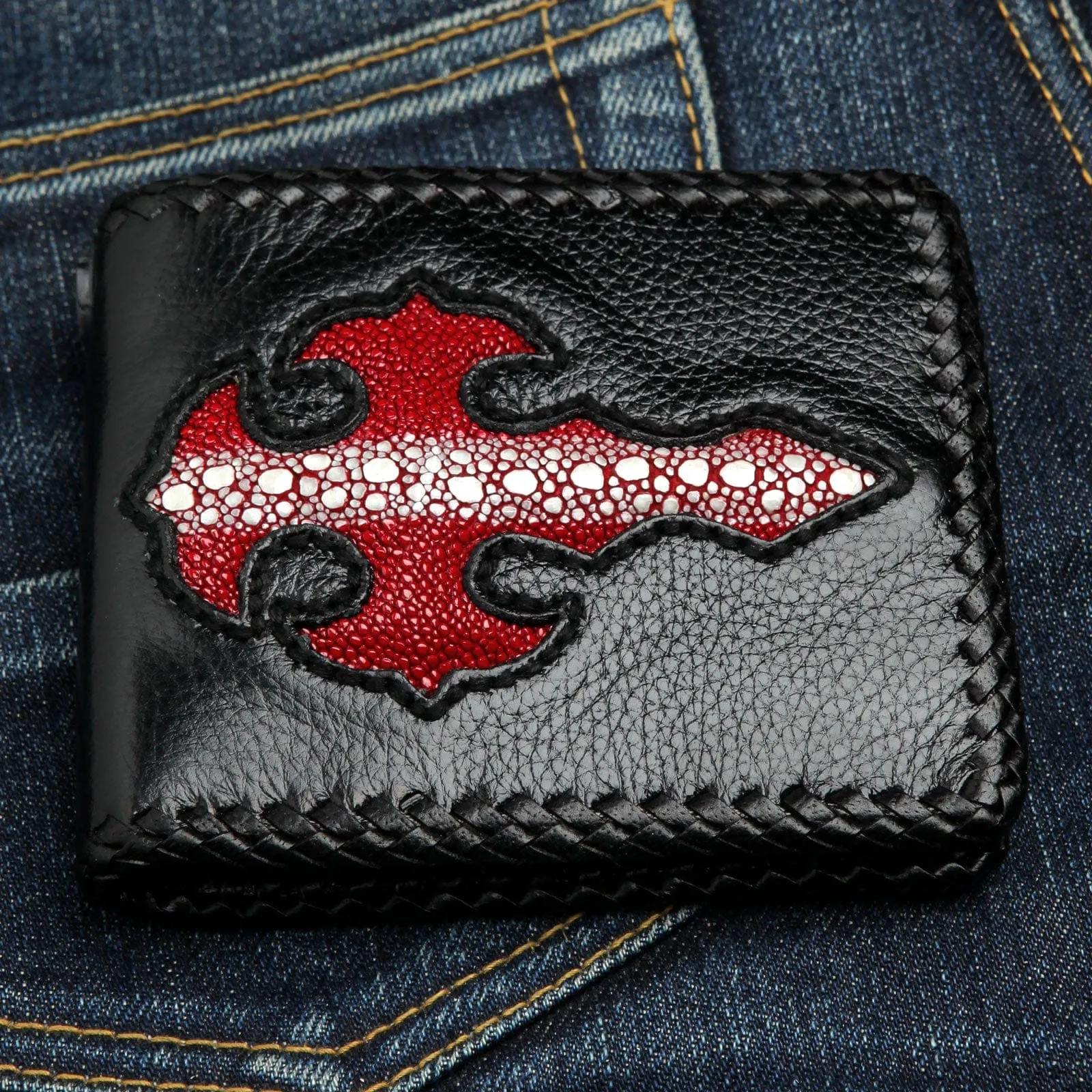 Row Red Cross Stingray Leather Biker Wallet