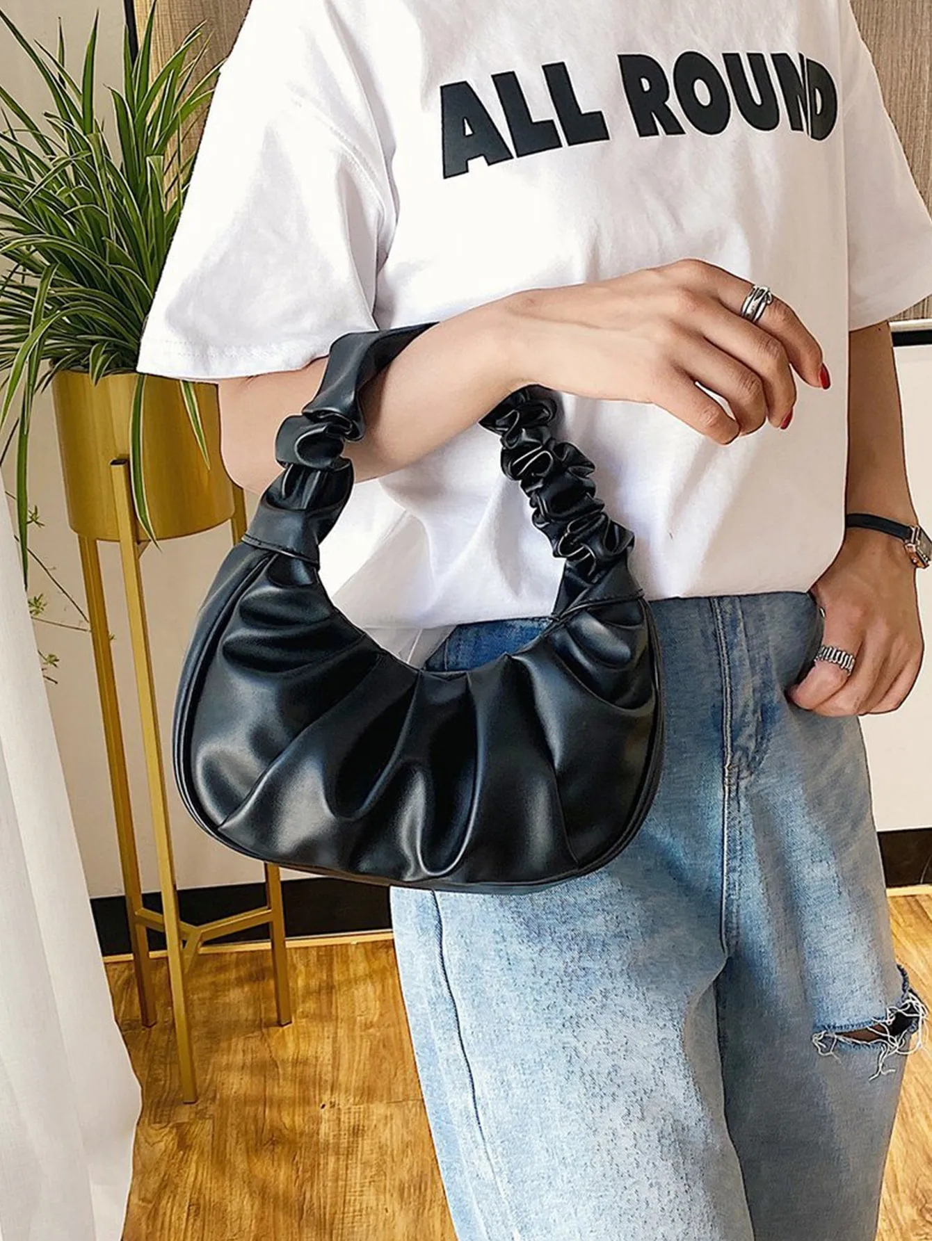 Ruched Baguette Bag  - Black