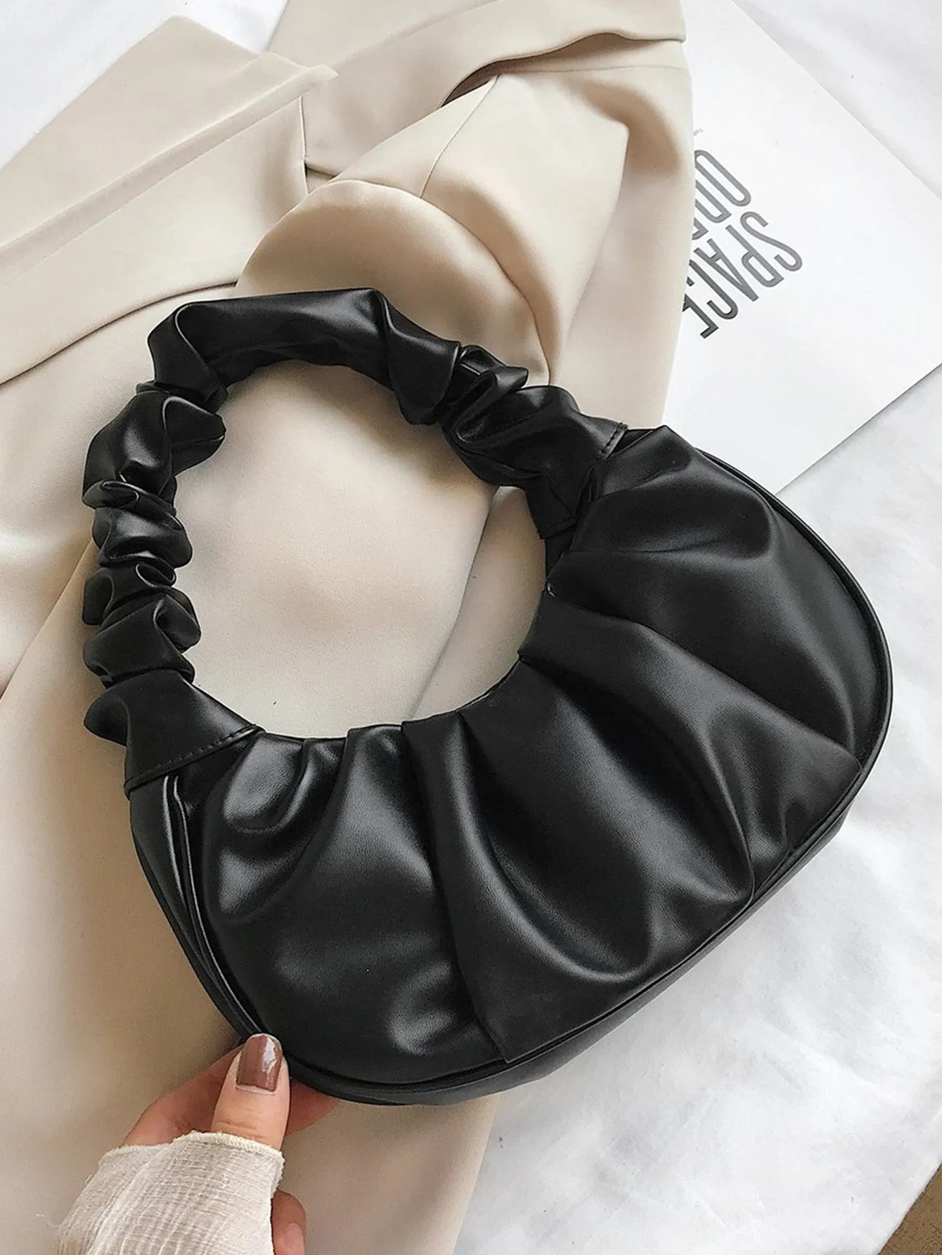 Ruched Baguette Bag  - Black