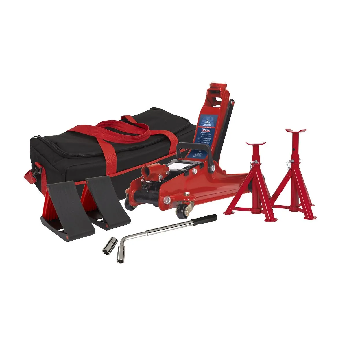 Sealey Low Entry Short Chassis Trolley Jack & Accessories Bag Combo, 2 Tonne - Red