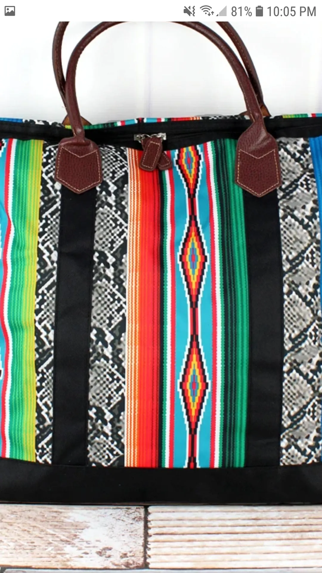 Serape and snake skin print weekender tote