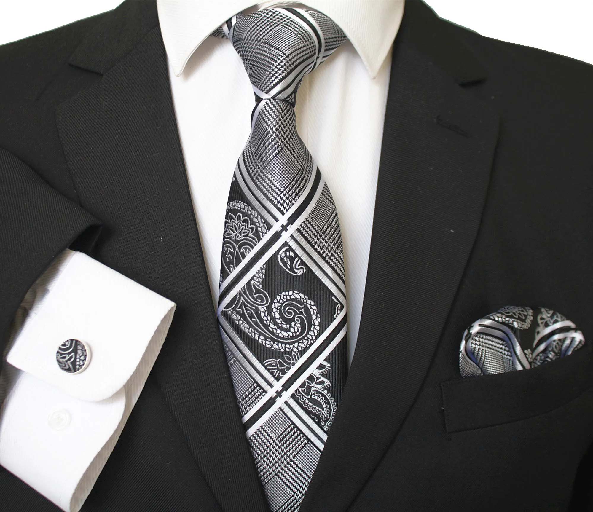 Silver Grey Black Paisley Designer Silk Floral Necktie with Matching Cufflinks & Pocket Square Set for Men