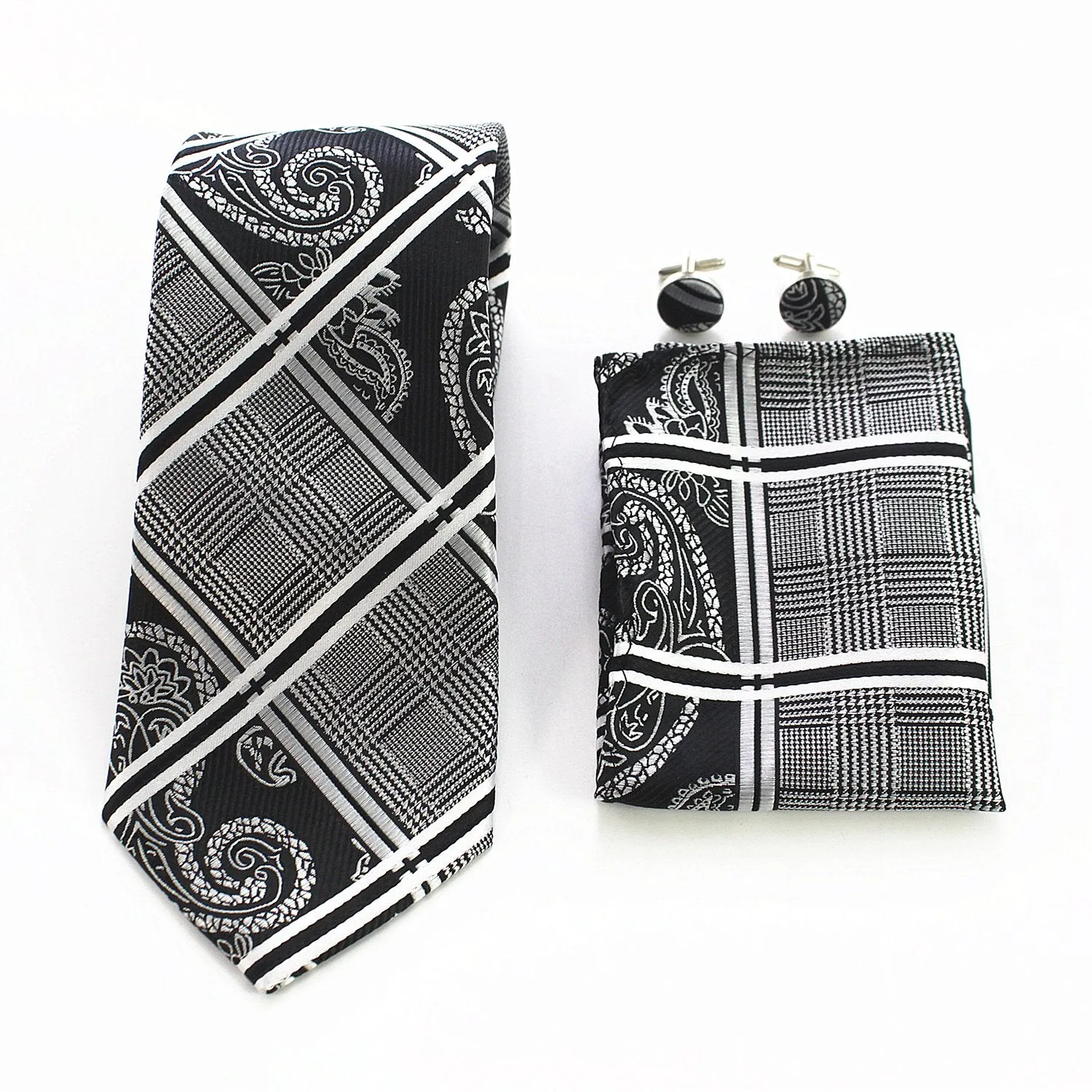 Silver Grey Black Paisley Designer Silk Floral Necktie with Matching Cufflinks & Pocket Square Set for Men