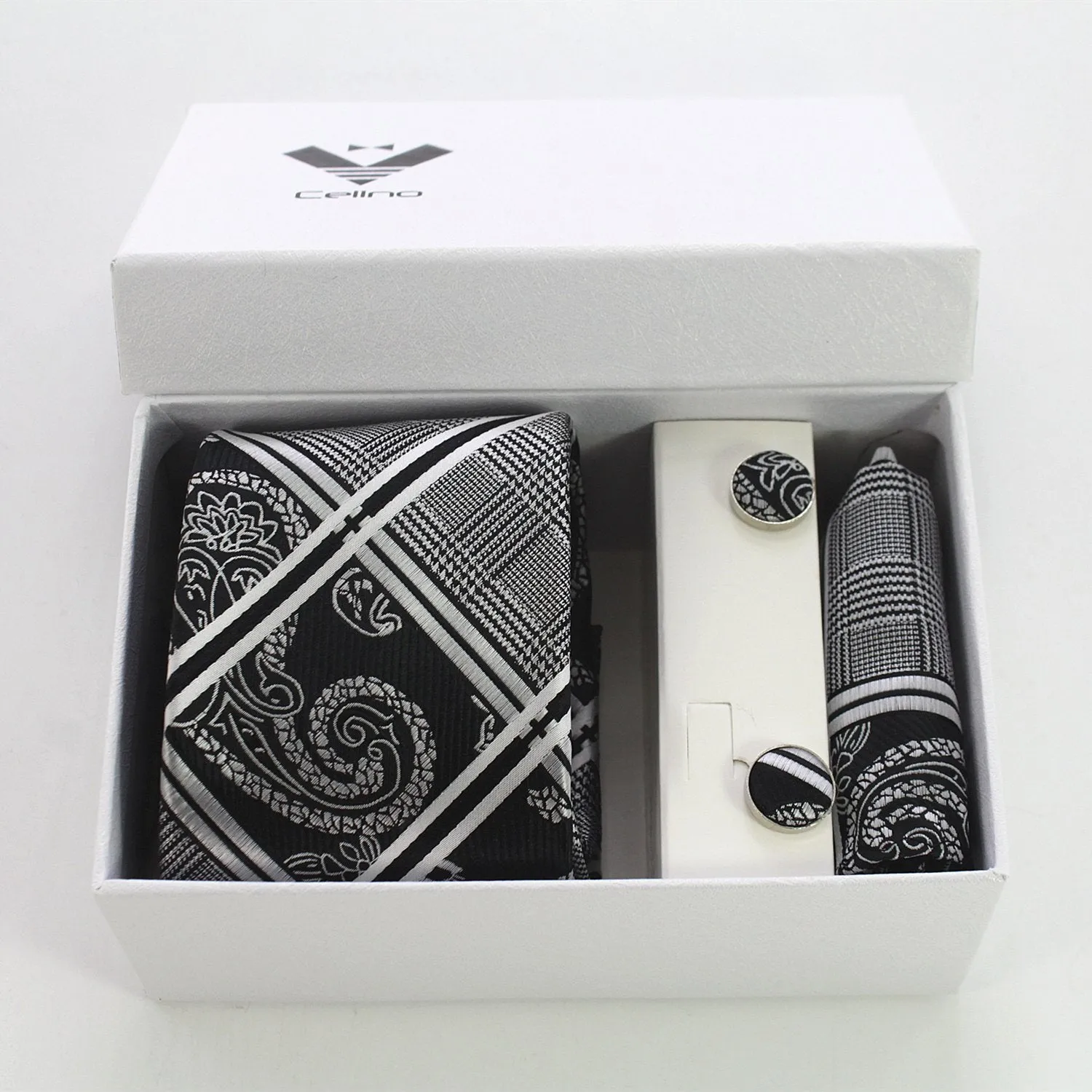 Silver Grey Black Paisley Designer Silk Floral Necktie with Matching Cufflinks & Pocket Square Set for Men