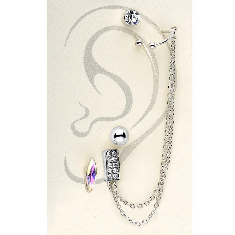 Silver Tone Aurora Marquis Clear Chain Ear Cuff Stud Earring Set