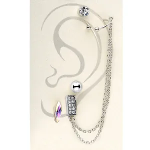 Silver Tone Aurora Marquis Clear Chain Ear Cuff Stud Earring Set
