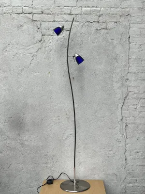 Slim Modern Vintage Tulip Floor Lamp, 1990's, Two Lights, Compact, New Old Stock, Blue (or Amber) Glass